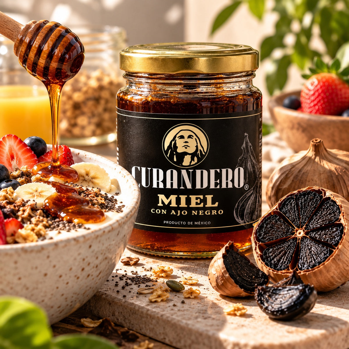 Miel de Abeja Natural Orgánica con Ajo Negro Curandero — 360 g
